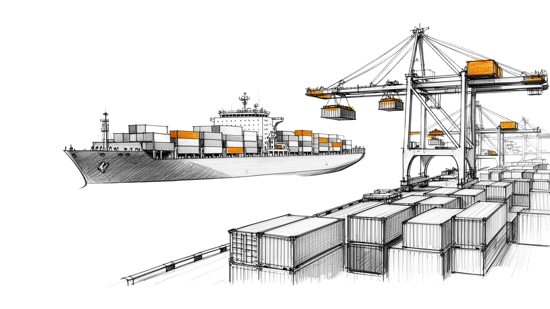 Sketch illustration of a container port with cargo ship and gantry cranes